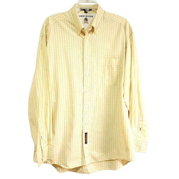 Tommy Hilfiger Mens Yellow Plaid Button-Down Shirt 16.5 34/35 Cotton Classic Fit - Picture 1 of 7